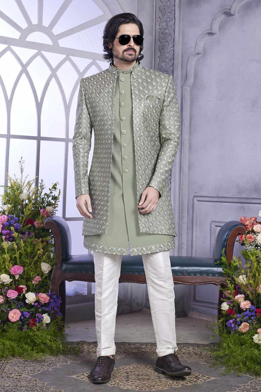 Art Silk Thread Embroidery Work 3 Pcs Jacket Set In Green Colour