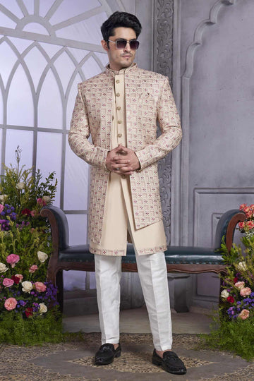 Art Silk Thread Embroidery Work 3 Pcs Jacket Set In Beige Colour