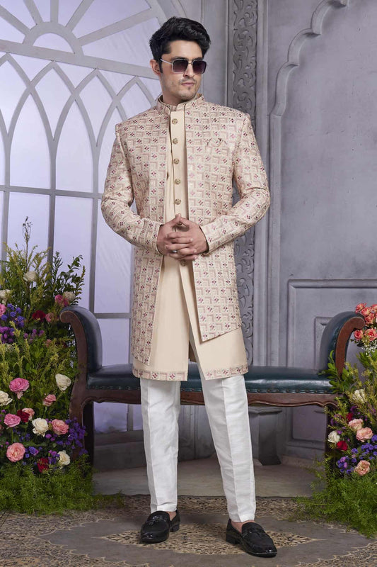 Art Silk Thread Embroidery Work 3 Pcs Jacket Set In Beige Colour
