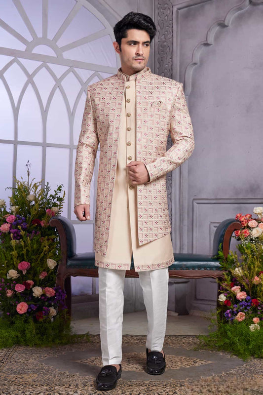 Art Silk Thread Embroidery Work 3 Pcs Jacket Set In Beige Colour