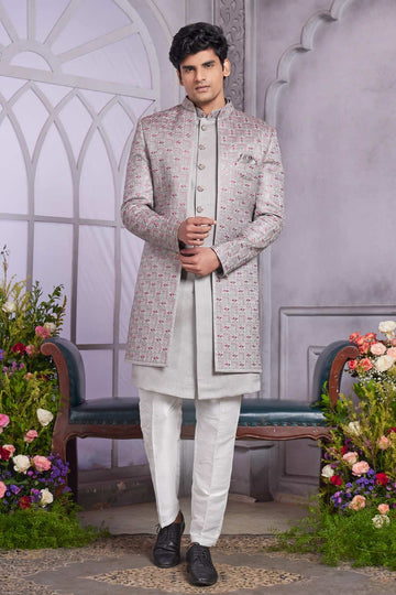 Art Silk Thread Embroidery Work 3 Pcs Jacket Set In Grey Colour