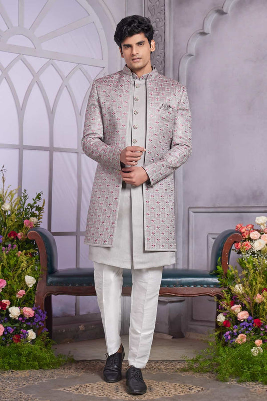 Art Silk Thread Embroidery Work 3 Pcs Jacket Set In Grey Colour