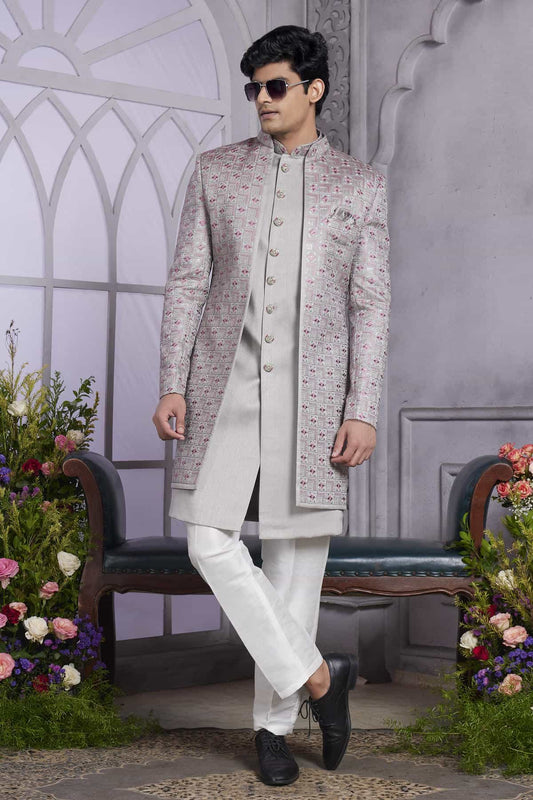 Art Silk Thread Embroidery Work 3 Pcs Jacket Set In Grey Colour