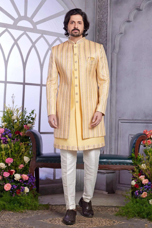 Art Silk Thread Embroidery Work 2 Pcs Attach Jacket Set In Yellow Colour