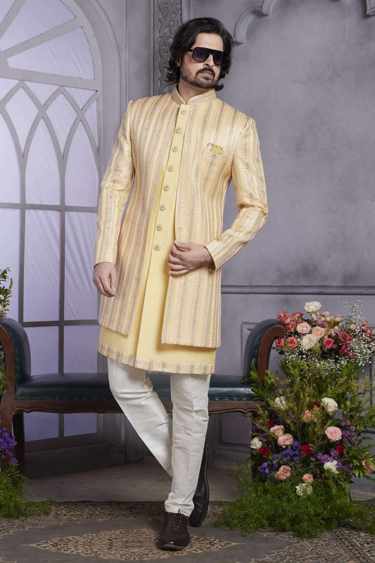 Art Silk Thread Embroidery Work 2 Pcs Attach Jacket Set In Yellow Colour