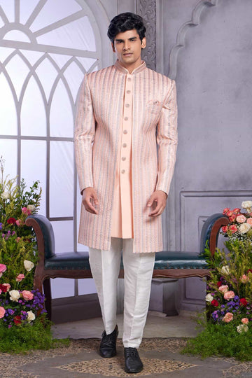 Art Silk Thread Embroidery Work 2 Pcs Attech Jacket Set In Peach Colour