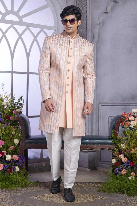 Art Silk Thread Embroidery Work 2 Pcs Attech Jacket Set In Peach Colour