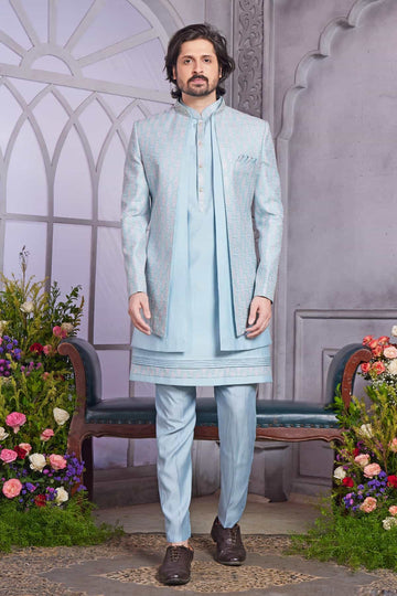 Art Silk Thread Embroidery Work 3 Pcs Jacket Set In Blue Colour