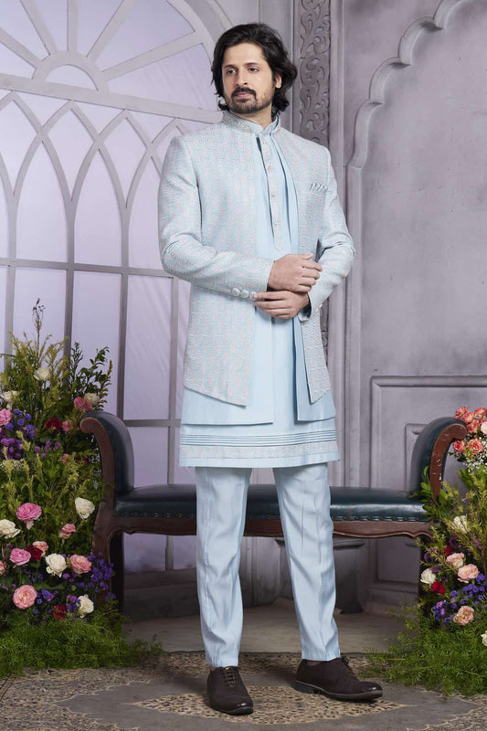 Art Silk Thread Embroidery Work 3 Pcs Jacket Set In Blue Colour