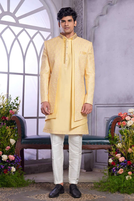 Art Silk Thread Embroidery Work 3 Pcs Jacket Set In Yellow Colour