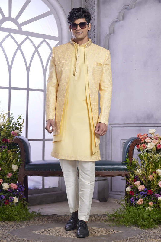 Art Silk Thread Embroidery Work 3 Pcs Jacket Set In Yellow Colour