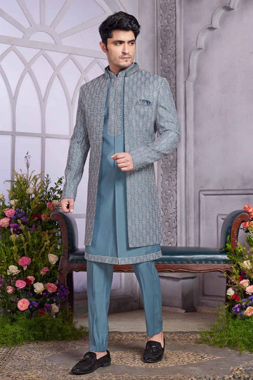 Art Silk Thread Embroidery Work 3 Pcs Jacket Set In Grey Colour