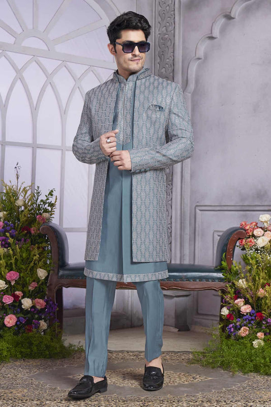 Art Silk Thread Embroidery Work 3 Pcs Jacket Set In Grey Colour