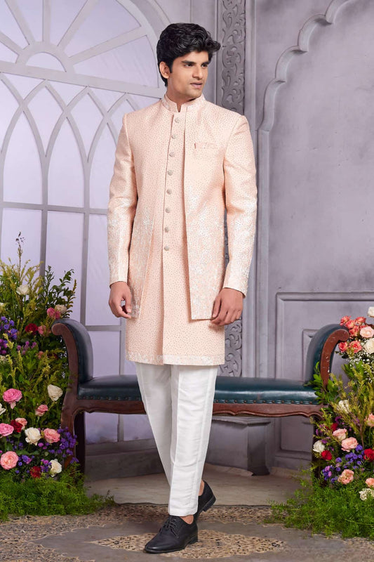Art Silk Thread Embroidery Work 3 Pcs Jacket Set In Peach Colour