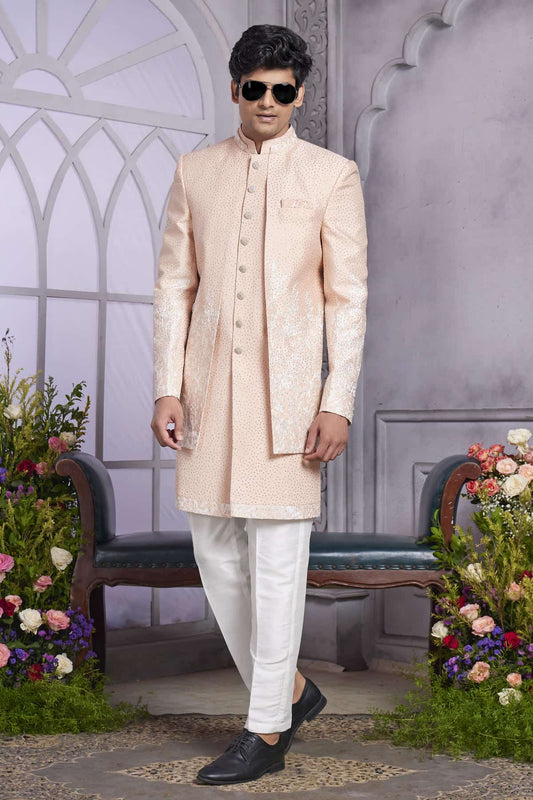 Art Silk Thread Embroidery Work 3 Pcs Jacket Set In Peach Colour