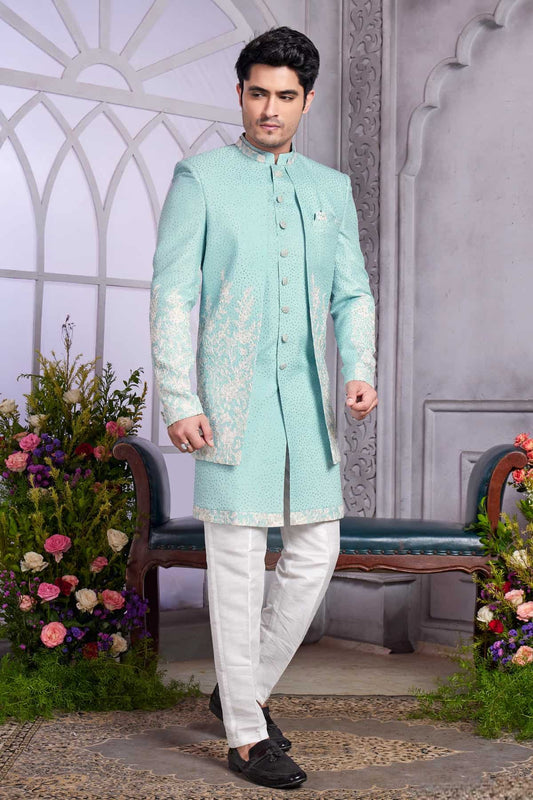 Art Silk Thread Embroidery Work 3 Pcs Jacket Set In Pista Green Colour