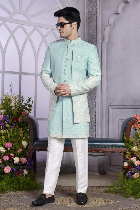 Art Silk Thread Embroidery Work 3 Pcs Jacket Set In Pista Green Colour