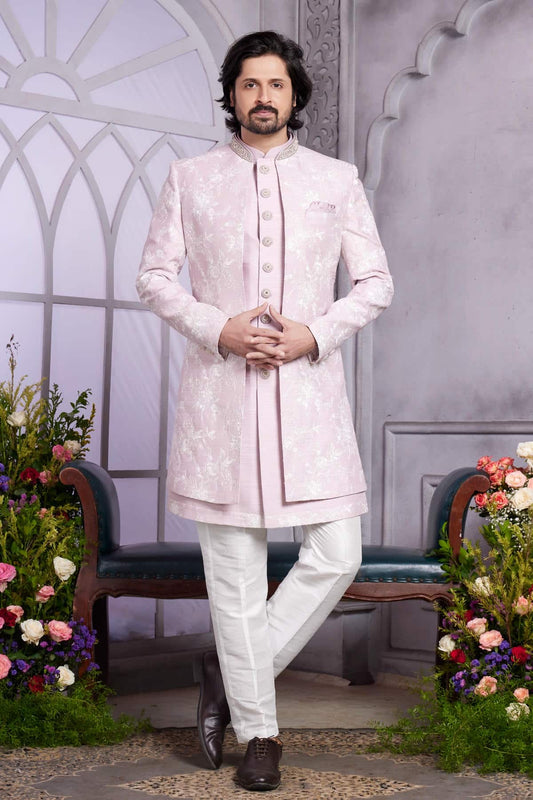 Art Silk Thread Embroidery Work 3 Pcs Jacket Set In Onion Pink Colour