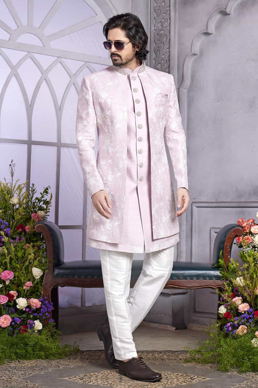 Art Silk Thread Embroidery Work 3 Pcs Jacket Set In Onion Pink Colour