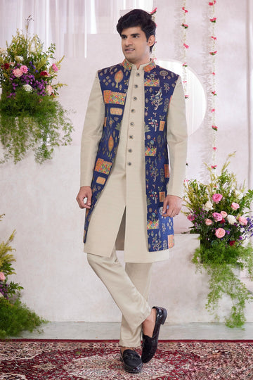Jacquard Art Silk Thread Embroidery Work 3 Pcs Jacket Set In Blue And Camel Colour