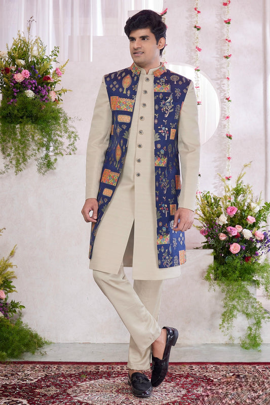 Jacquard Art Silk Thread Embroidery Work 3 Pcs Jacket Set In Blue And Camel Colour