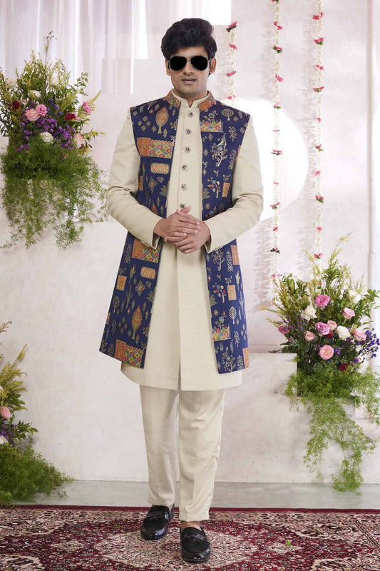 Jacquard Art Silk Thread Embroidery Work 3 Pcs Jacket Set In Blue And Camel Colour