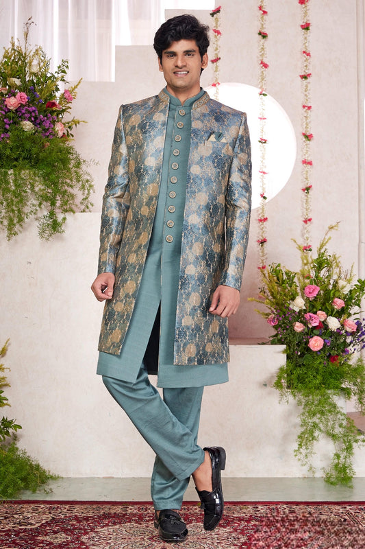 Art Silk Thread Embroidery Work 3 Pcs Jacket Set In Green Colour