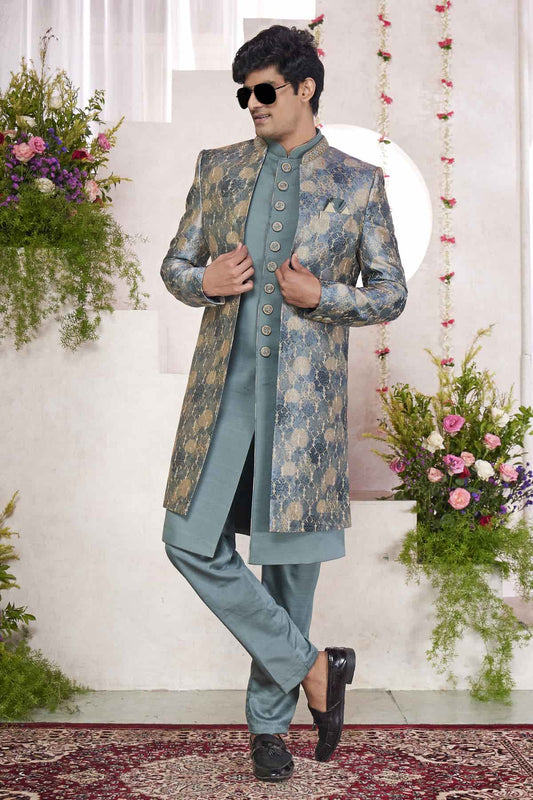 Art Silk Thread Embroidery Work 3 Pcs Jacket Set In Green Colour