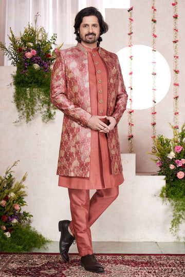 Art Silk Thread Embroidery Work 3 Pcs Jacket Set In Rust Colour