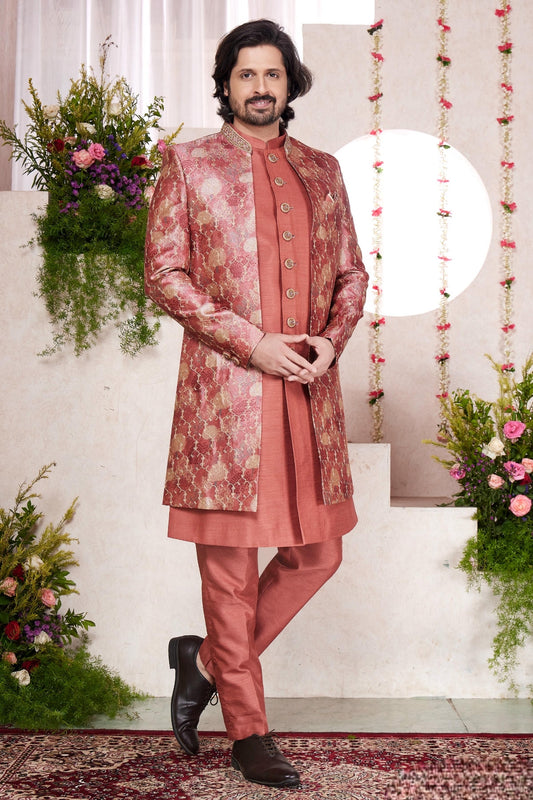 Art Silk Thread Embroidery Work 3 Pcs Jacket Set In Rust Colour