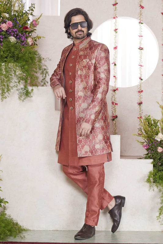 Art Silk Thread Embroidery Work 3 Pcs Jacket Set In Rust Colour