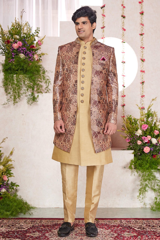 Art Silk Thread Embroidery Work 3 Pcs Jacket Set In Multi Colour