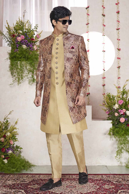 Art Silk Thread Embroidery Work 3 Pcs Jacket Set In Multi Colour