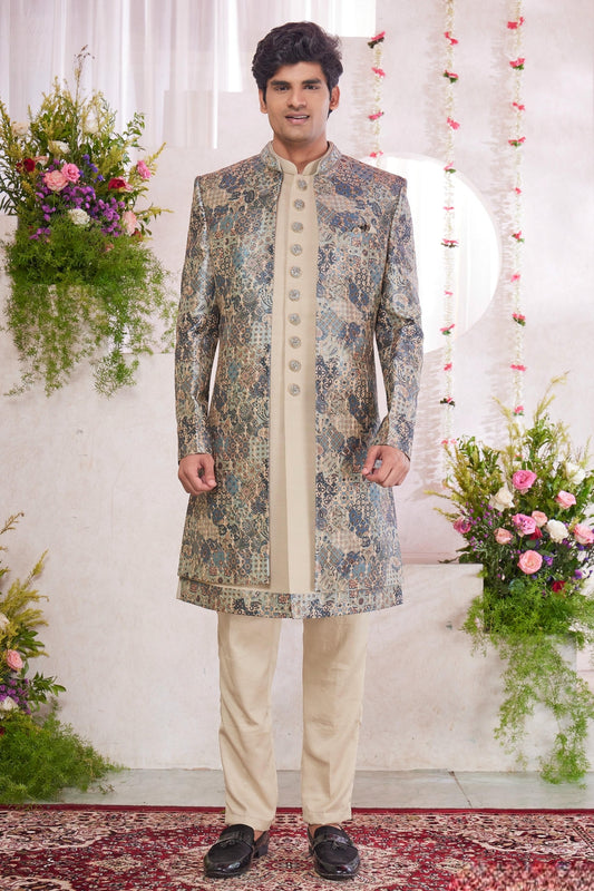 Art Silk Thread Embroidery Work 3 Pcs Jacket Set In Green And Beige Colour