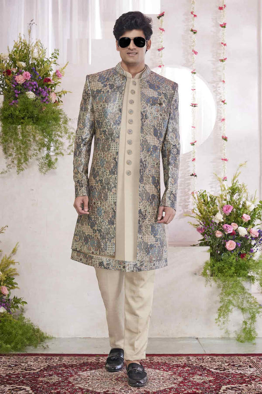Art Silk Thread Embroidery Work 3 Pcs Jacket Set In Green And Beige Colour