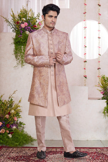 Art Silk Thread Embroidery Work 3 Pcs Jacket Set In Onion Colour