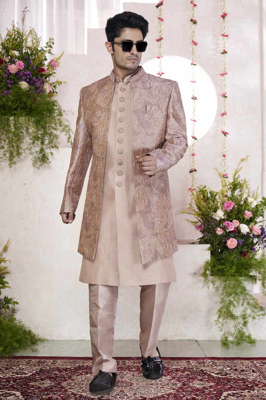 Art Silk Thread Embroidery Work 3 Pcs Jacket Set In Onion Colour