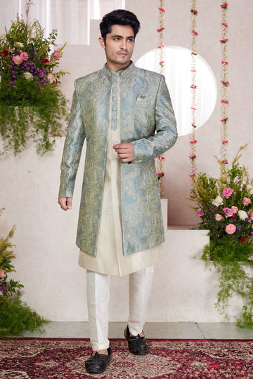 Art Silk Thread Embroidery Work 3 Pcs Jacket Set In Green Colour