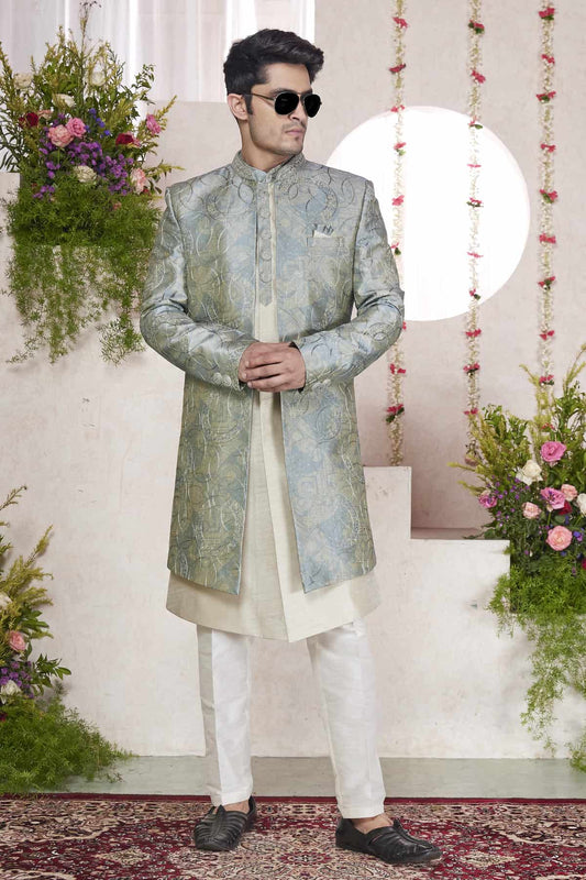 Art Silk Thread Embroidery Work 3 Pcs Jacket Set In Green Colour
