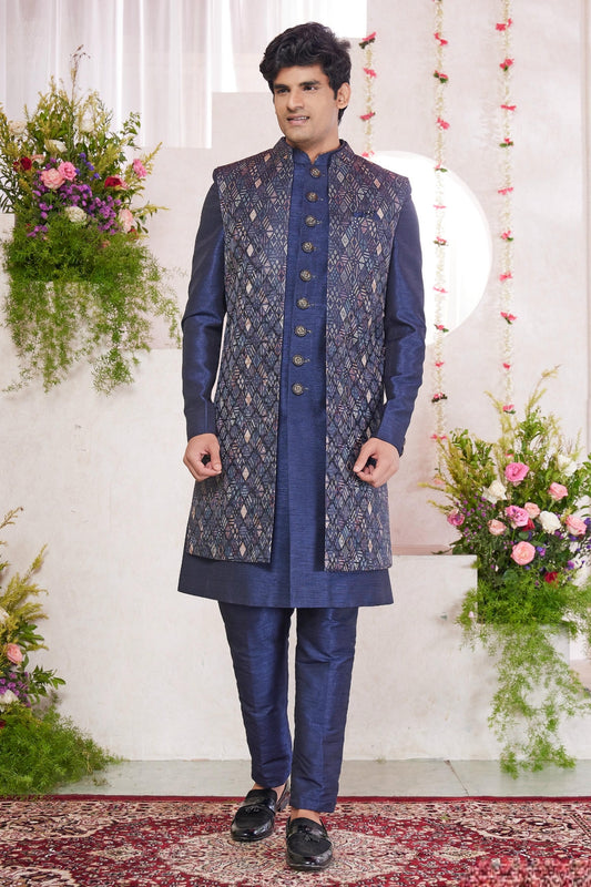 Jacquard Art Silk Thread Embroidery Work 3 Pcs Jacket Set In Blue Colour