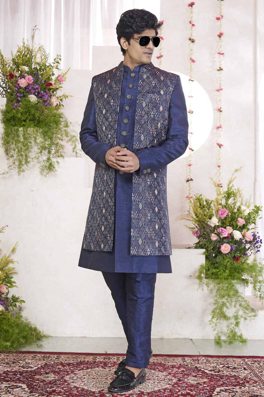 Jacquard Art Silk Thread Embroidery Work 3 Pcs Jacket Set In Blue Colour