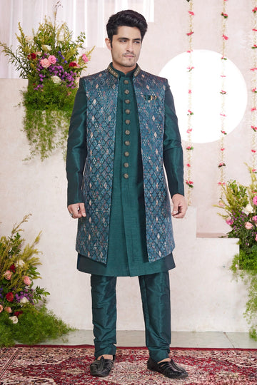 Jacquard Art Silk Thread Embroidery Work 3 Pcs Jacket Set In Green Colour