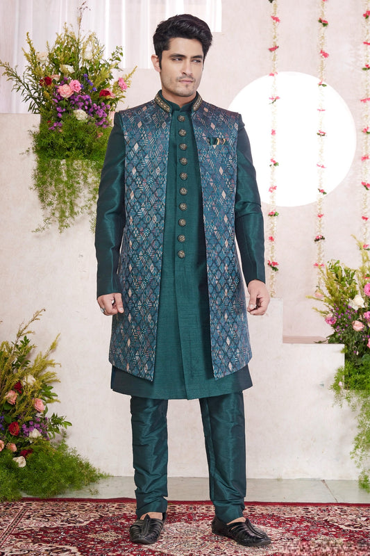 Jacquard Art Silk Thread Embroidery Work 3 Pcs Jacket Set In Green Colour