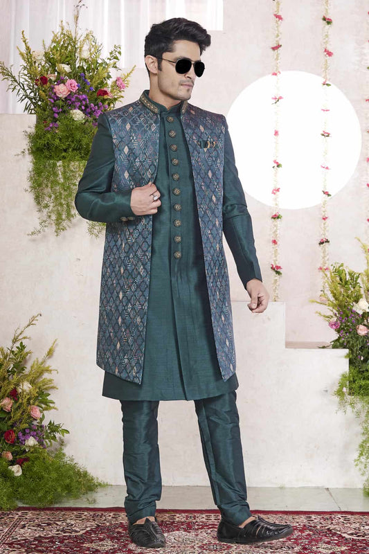 Jacquard Art Silk Thread Embroidery Work 3 Pcs Jacket Set In Green Colour