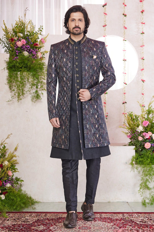 Jacquard Art Silk Thread Embroidery Work 3 Pcs Jacket Set In Black Colour