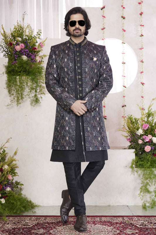 Jacquard Art Silk Thread Embroidery Work 3 Pcs Jacket Set In Black Colour