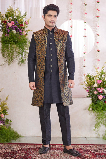 Jacquard Art Silk Thread Embroidery Work 3 Pcs Jacket Set In Black Colour