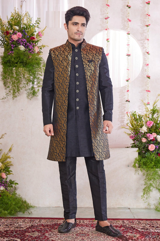 Jacquard Art Silk Thread Embroidery Work 3 Pcs Jacket Set In Black Colour