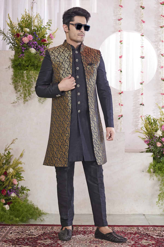 Jacquard Art Silk Thread Embroidery Work 3 Pcs Jacket Set In Black Colour