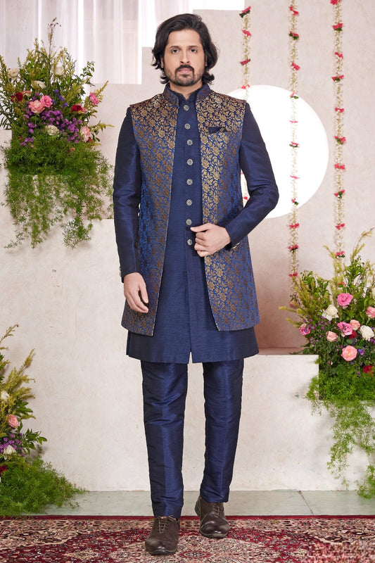 Jacquard Art Silk Thread Embroidery Work 3 Pcs Jacket Set In Blue Colour